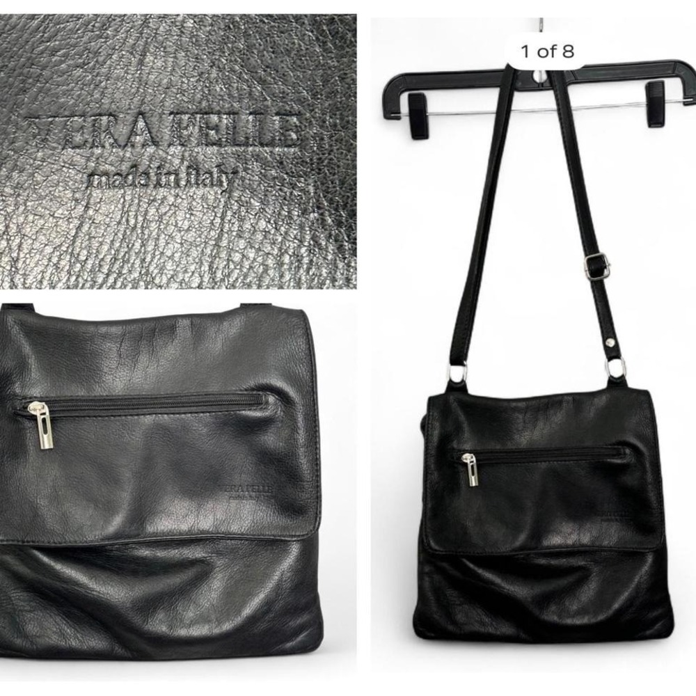 Vera Pelle Made in Italy Black Leather Crossbody Messenger Bag Y2K Dark Academia
